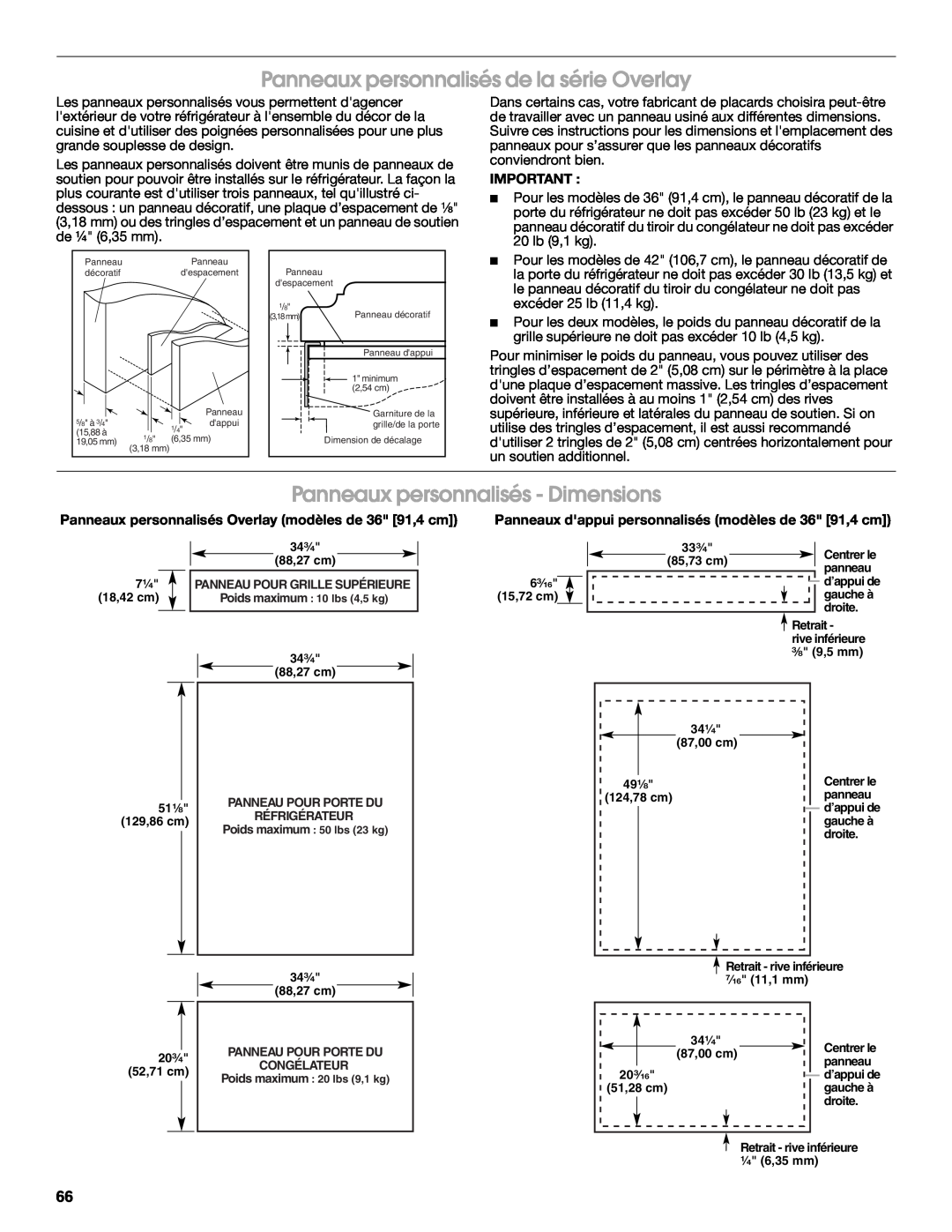 Jenn-Air W10183782A manual Panneaux personnalisés de la série Overlay, Panneaux personnalisés - Dimensions 