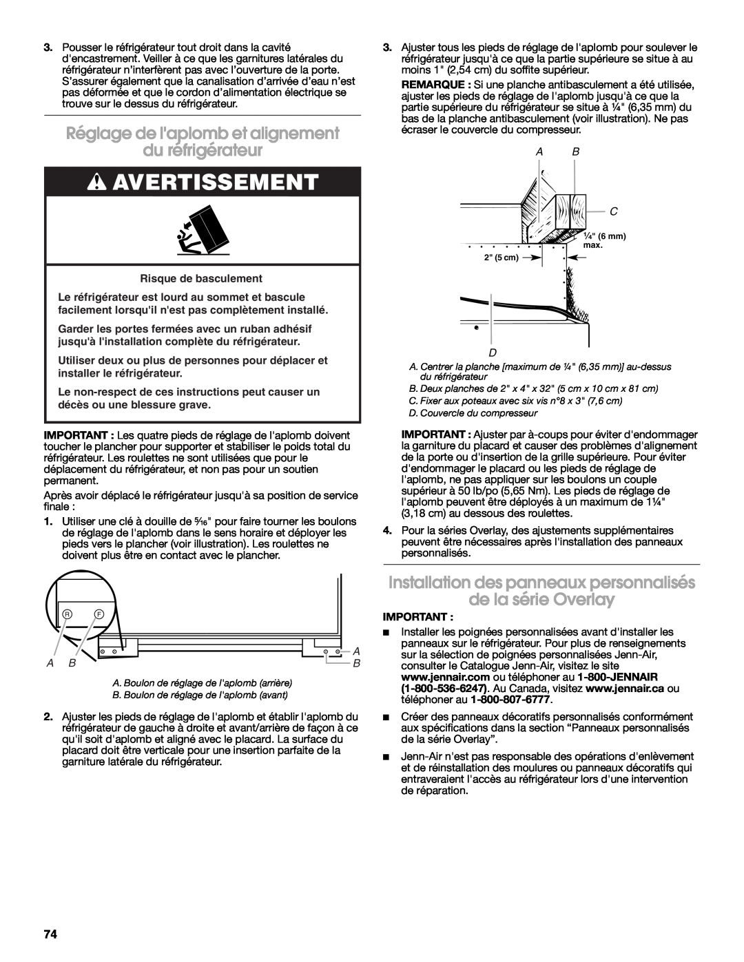 Jenn-Air W10183782A manual Réglage de laplomb et alignement du réfrigérateur, Avertissement 