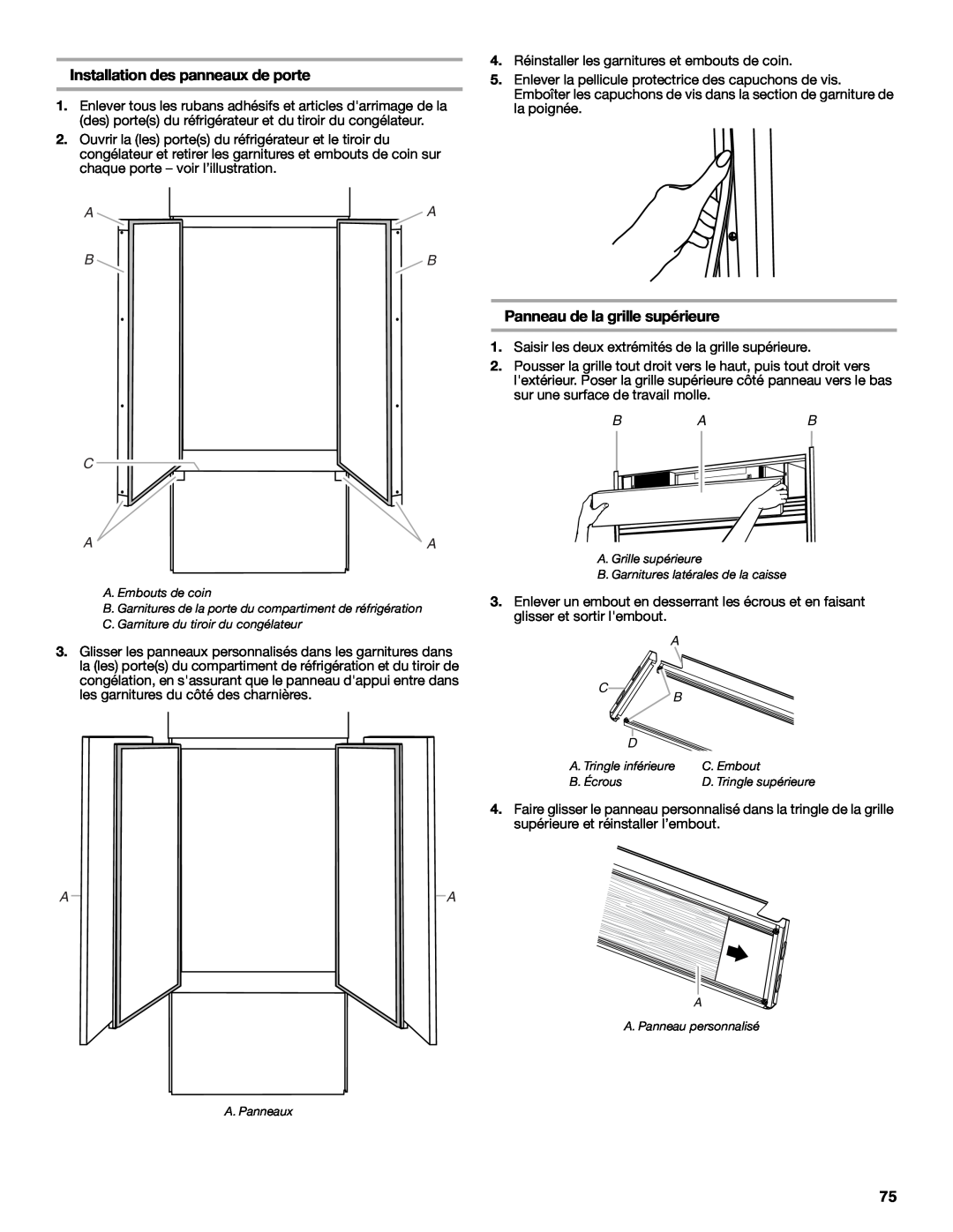 Jenn-Air W10183782A manual Installation des panneaux de porte, Panneau de la grille supérieure, A A B B C Aa 