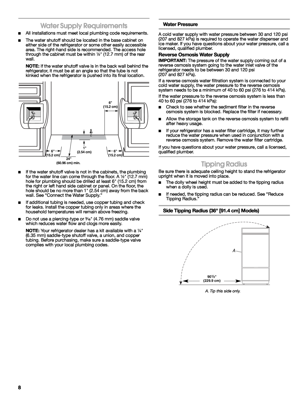 Jenn-Air W10183782A manual Water Supply Requirements, Tipping Radius, Water Pressure, Reverse Osmosis Water Supply 