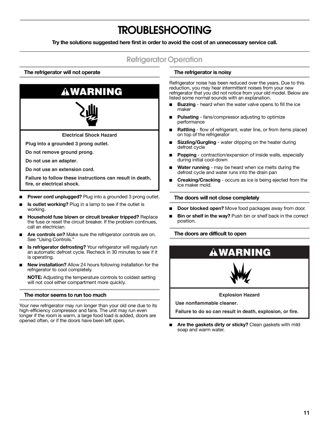 Jenn-Air W10183787A manual Troubleshooting, Refrigerator Operation 