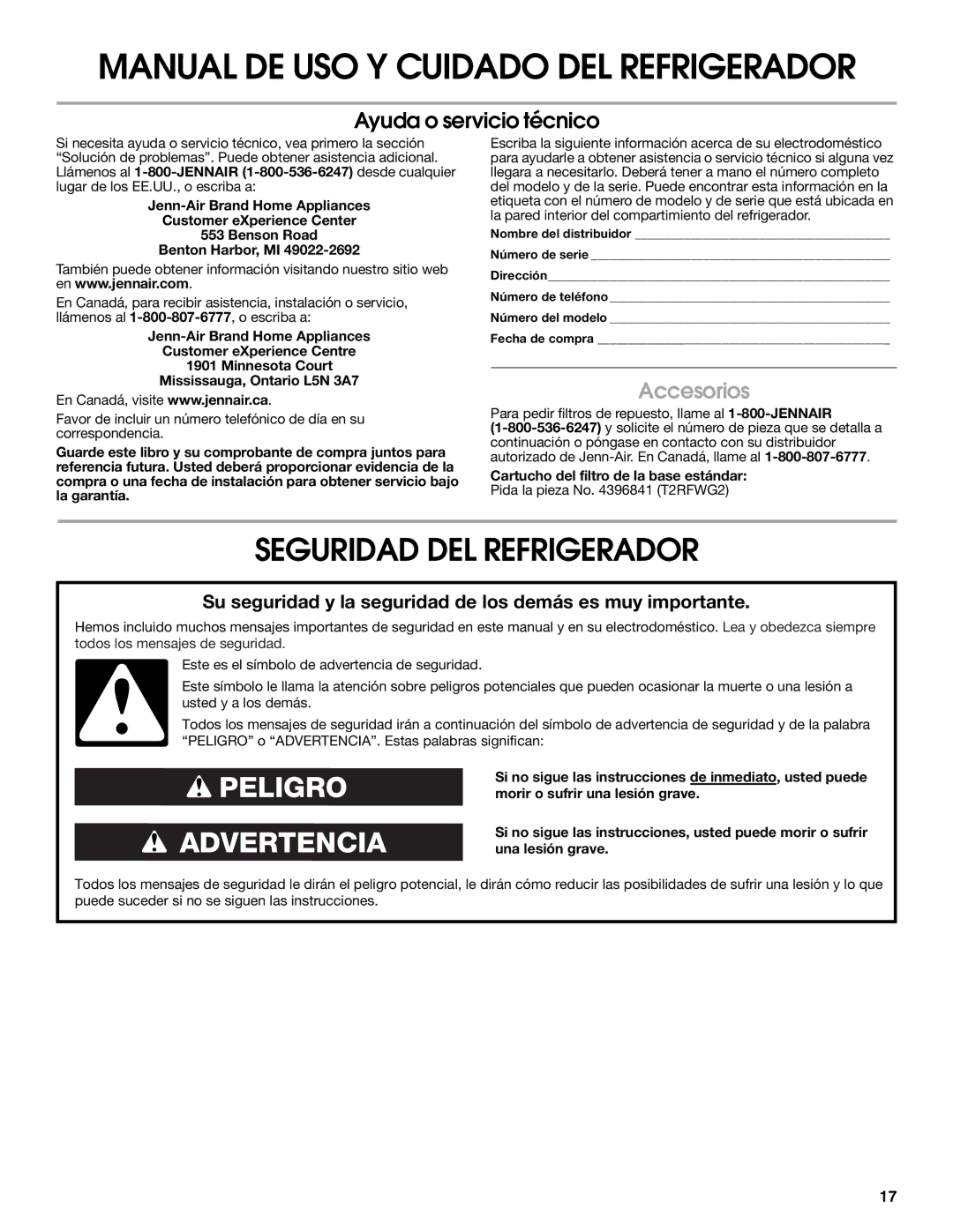 Jenn-Air W10183787A manual Seguridad DEL Refrigerador, Accesorios 