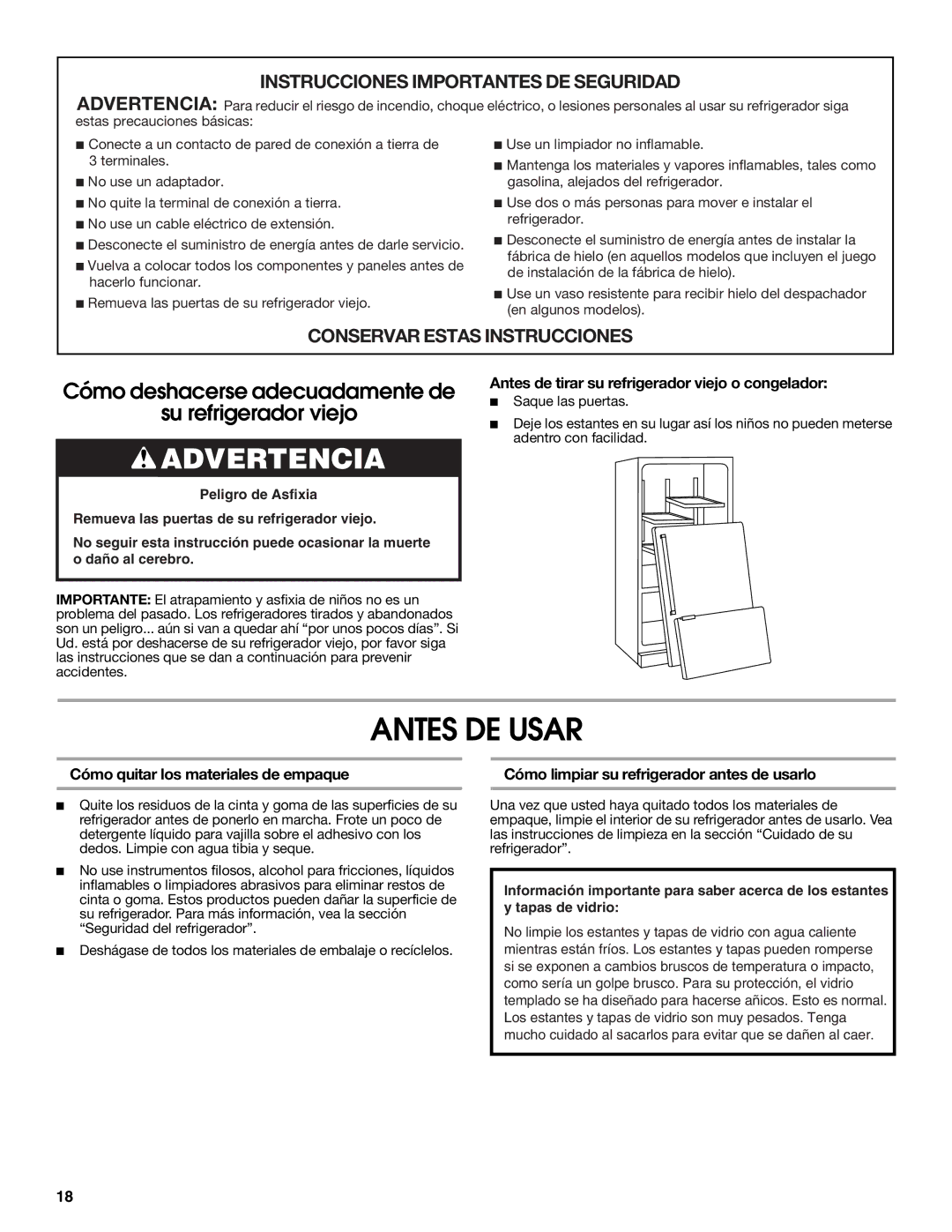 Jenn-Air W10183787A manual Antes DE Usar, Antes de tirar su refrigerador viejo o congelador 