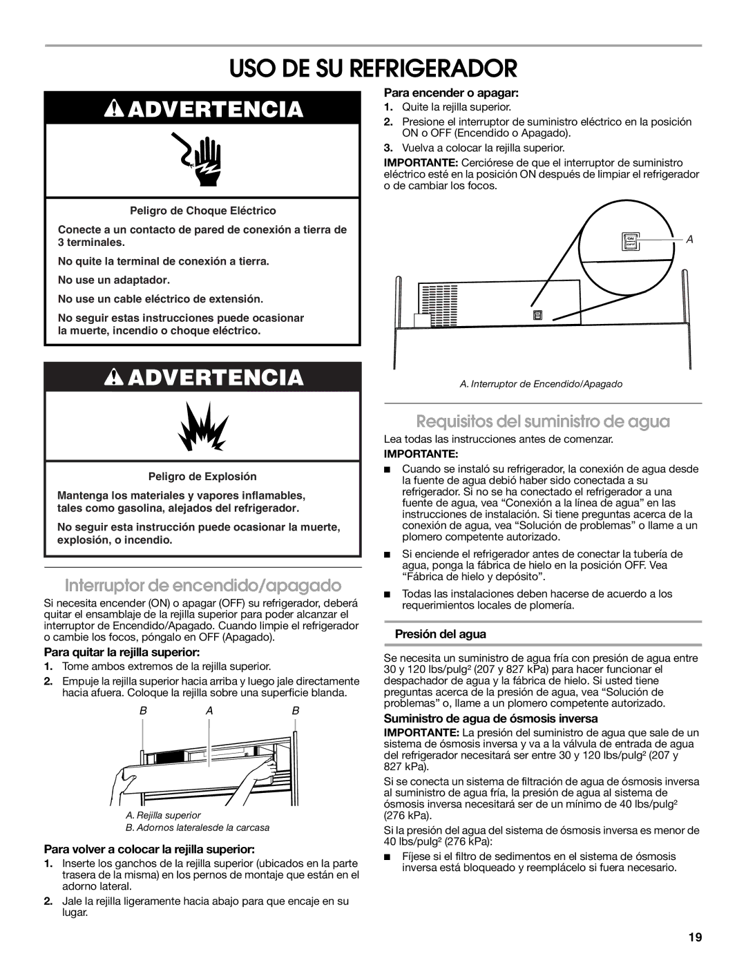 Jenn-Air W10183787A manual USO DE SU Refrigerador, Interruptor de encendido/apagado, Requisitos del suministro de agua 