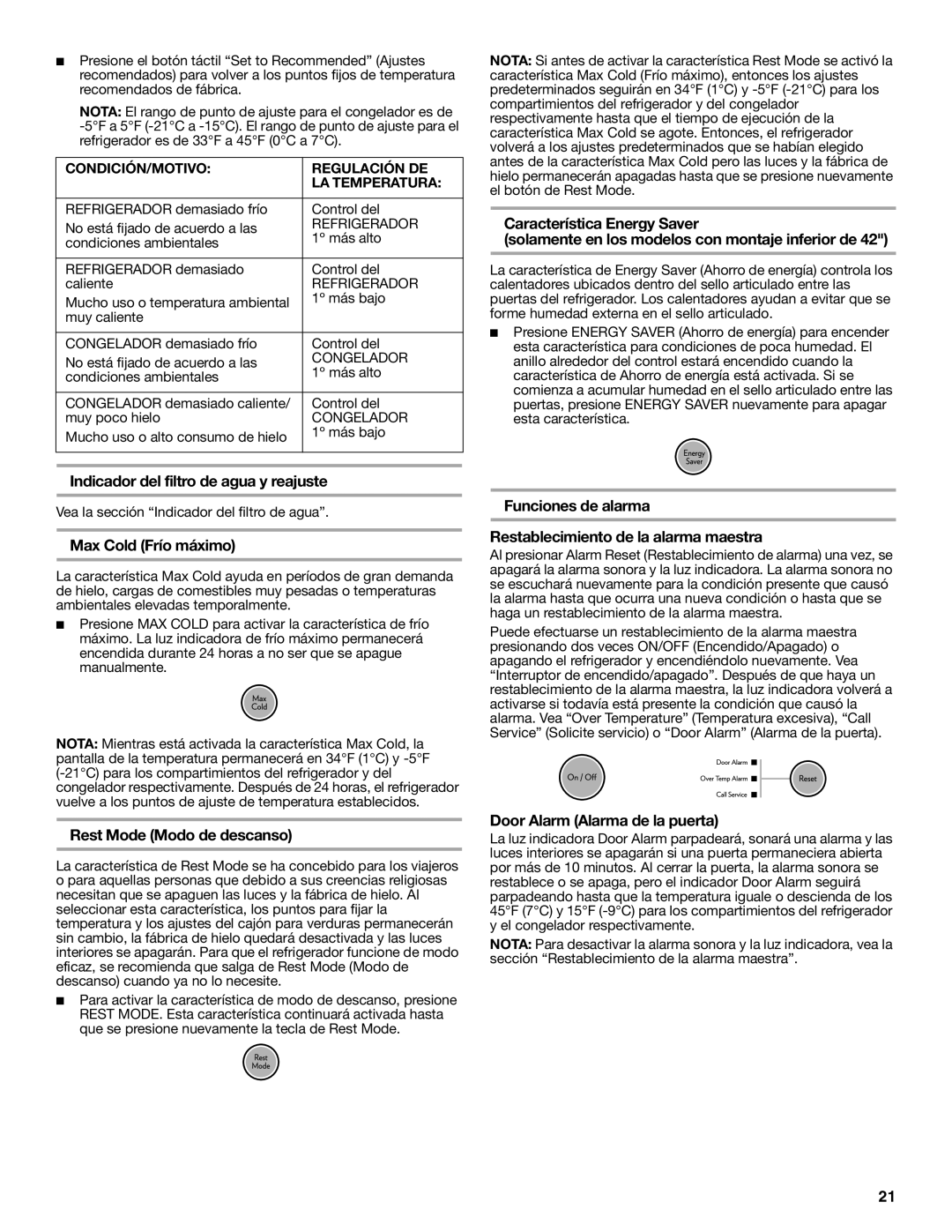 Jenn-Air W10183787A manual Indicador del filtro de agua y reajuste, Max Cold Frío máximo, Rest Mode Modo de descanso 