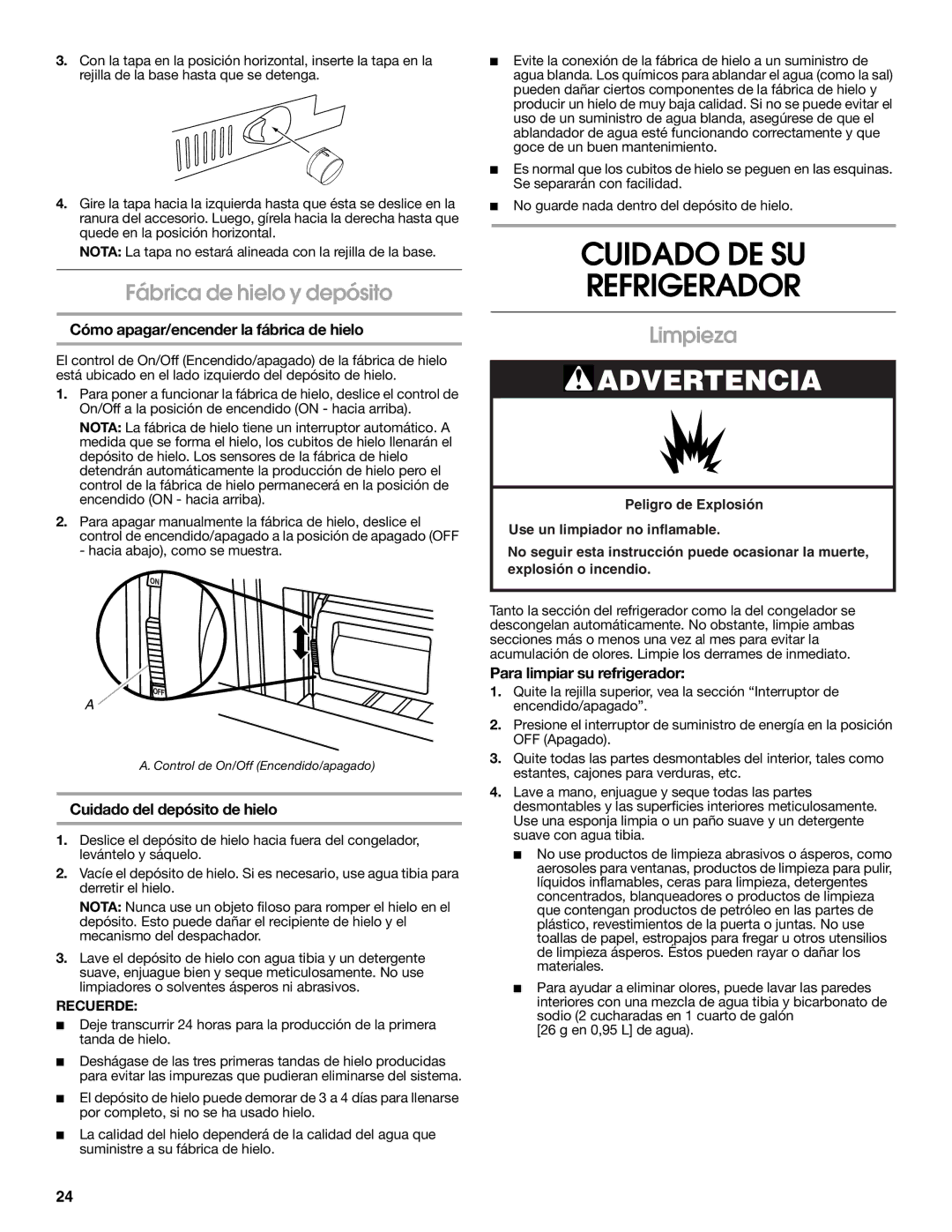 Jenn-Air W10183787A manual Cuidado DE SU Refrigerador, Fábrica de hielo y depósito, Limpieza 