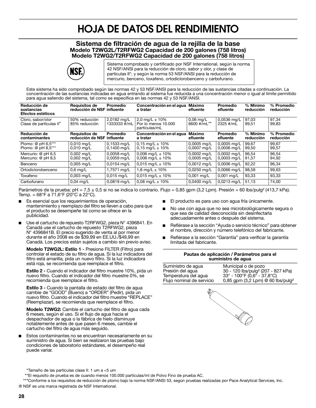 Jenn-Air W10183787A manual Hoja DE Datos DEL Rendimiento, Sistema de filtración de agua de la rejilla de la base 