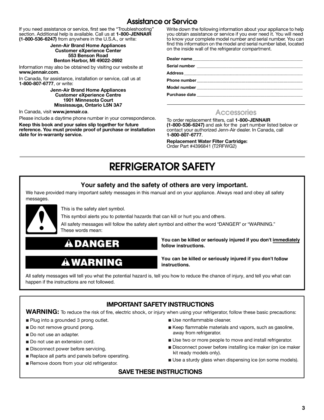 Jenn-Air W10183787A manual Refrigerator Safety, Accessories 