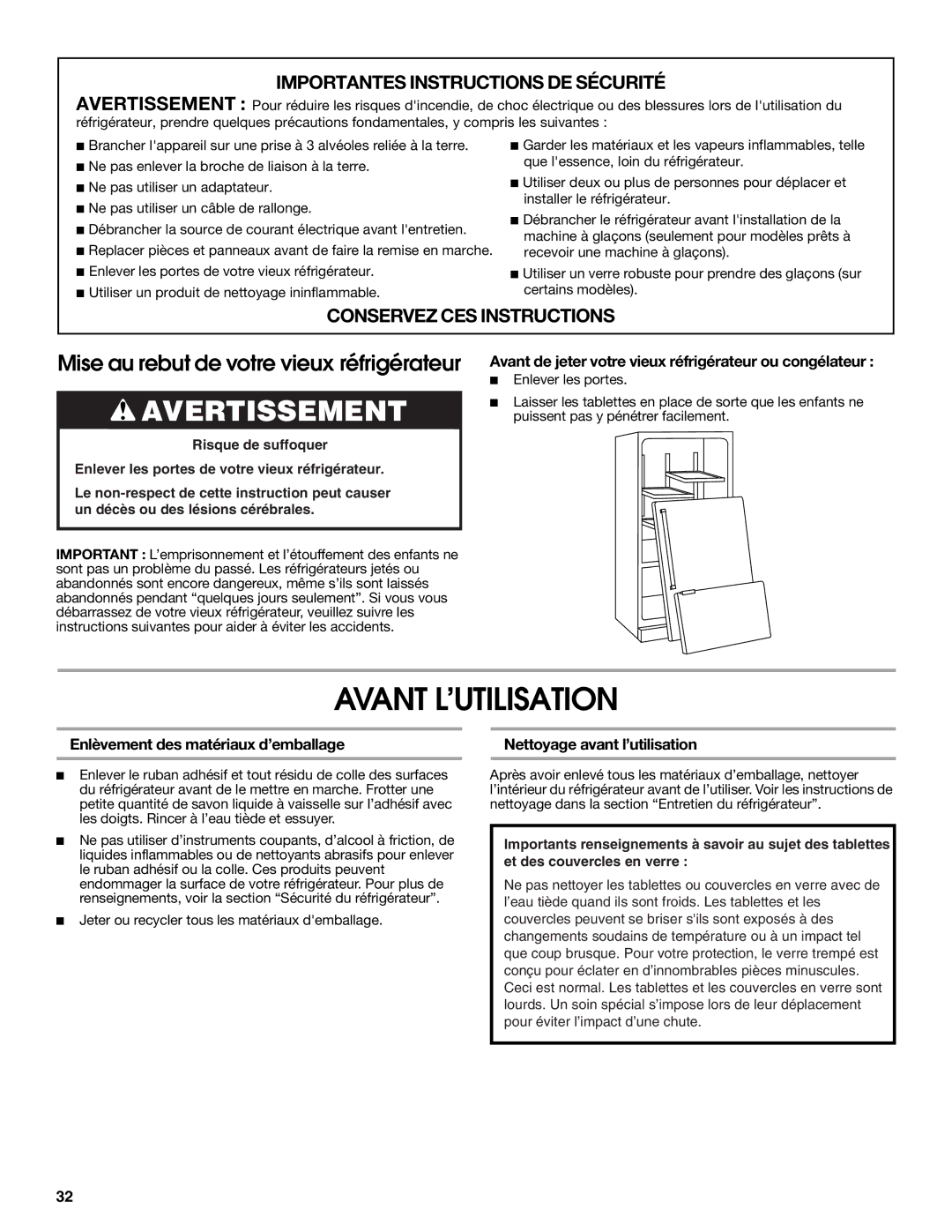 Jenn-Air W10183787A manual Avant L’UTILISATION, Avant de jeter votre vieux réfrigérateur ou congélateur 