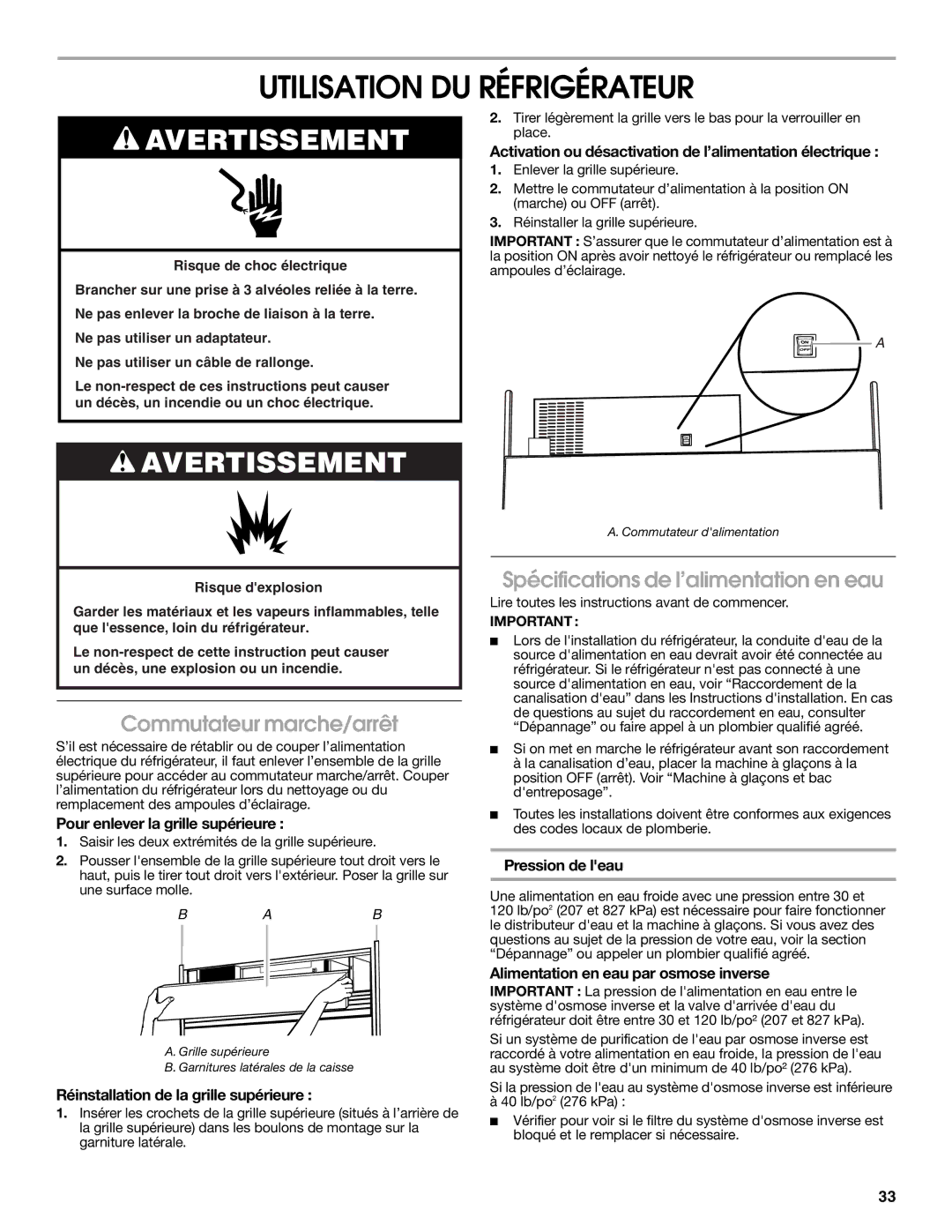 Jenn-Air W10183787A manual Utilisation DU Réfrigérateur, Commutateur marche/arrêt, Spécifications de l’alimentation en eau 