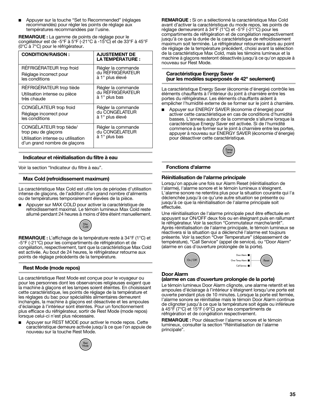 Jenn-Air W10183787A Indicateur et réinitialisation du filtre à eau, Max Cold refroidissement maximum, Rest Mode mode repos 