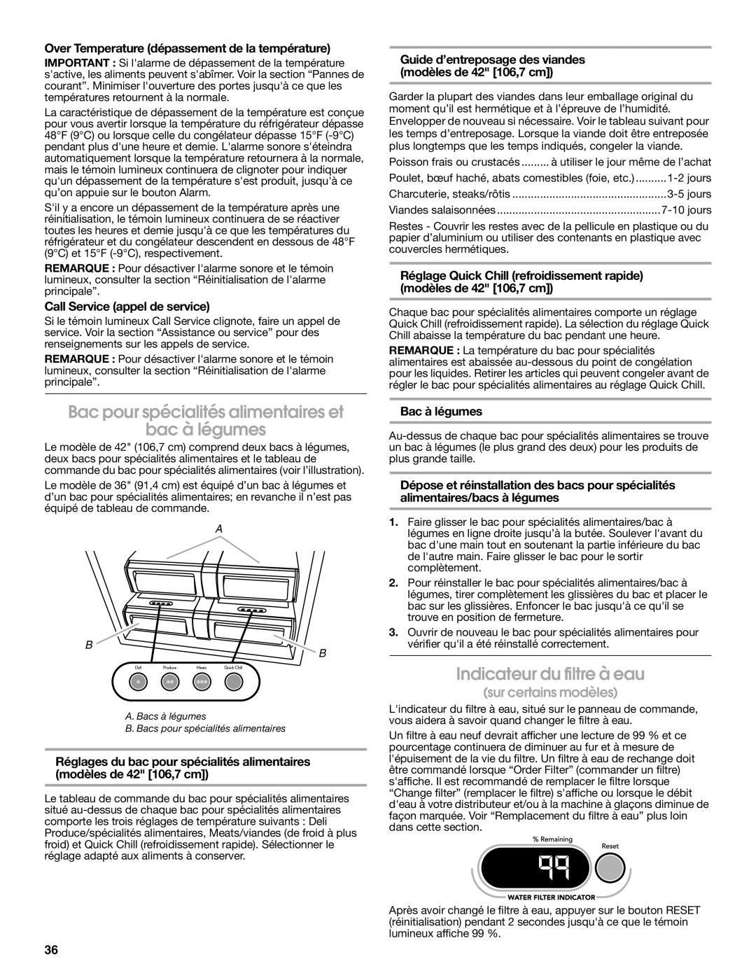 Jenn-Air W10183787A manual Bac pour spécialités alimentaires et Bac à légumes, Indicateur du filtre à eau 