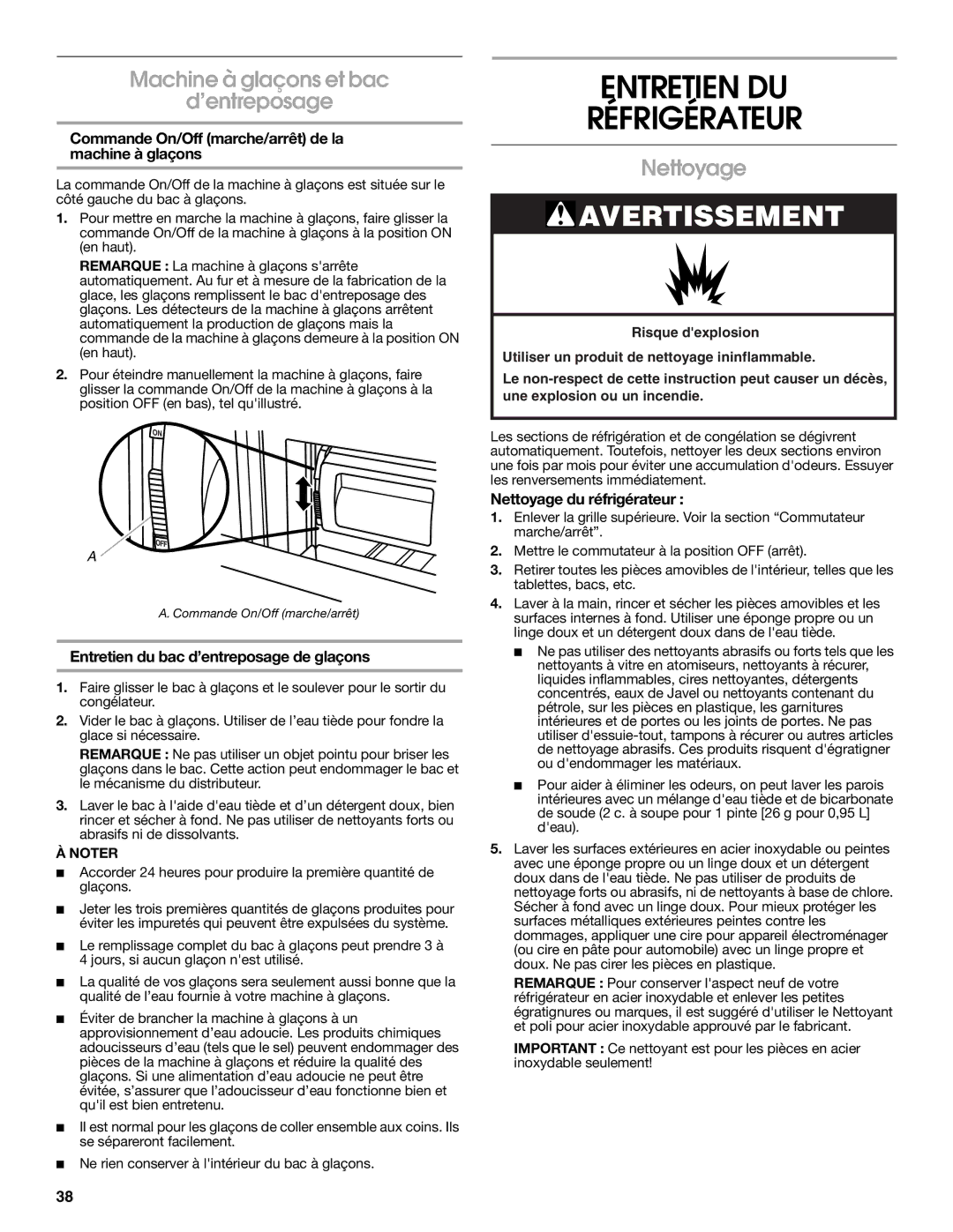 Jenn-Air W10183787A manual Entretien DU Réfrigérateur, Machine à glaçons et bac ’entreposage, Nettoyage 