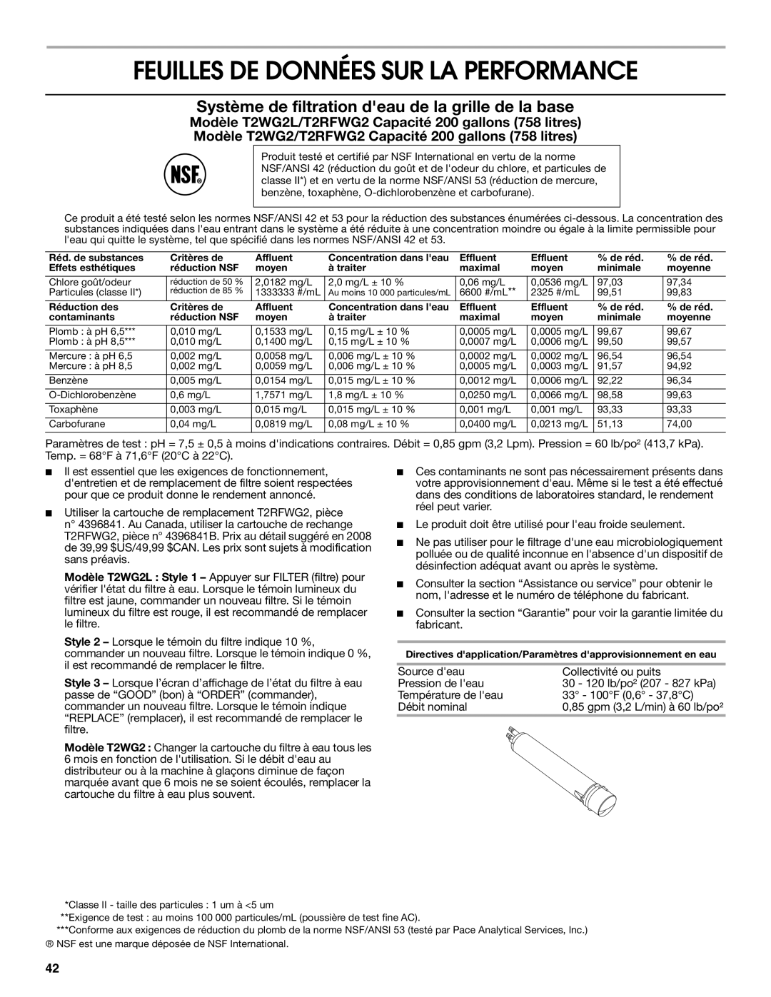 Jenn-Air W10183787A manual Feuilles DE Données SUR LA Performance, Système de filtration deau de la grille de la base 