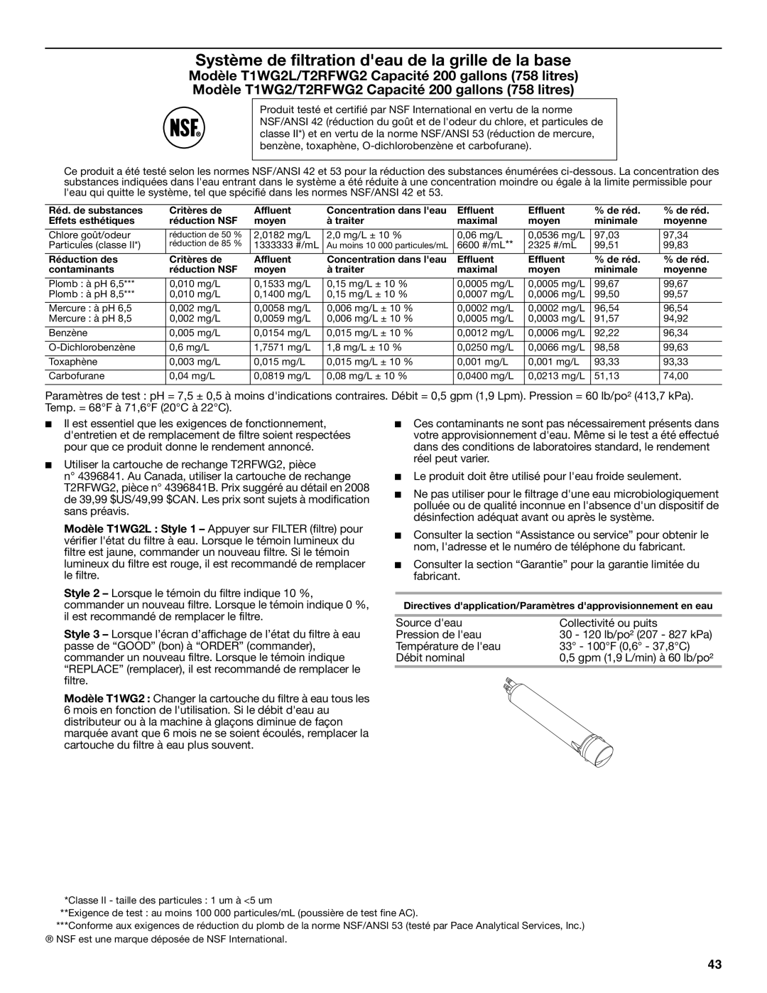 Jenn-Air W10183787A manual Système de filtration deau de la grille de la base 