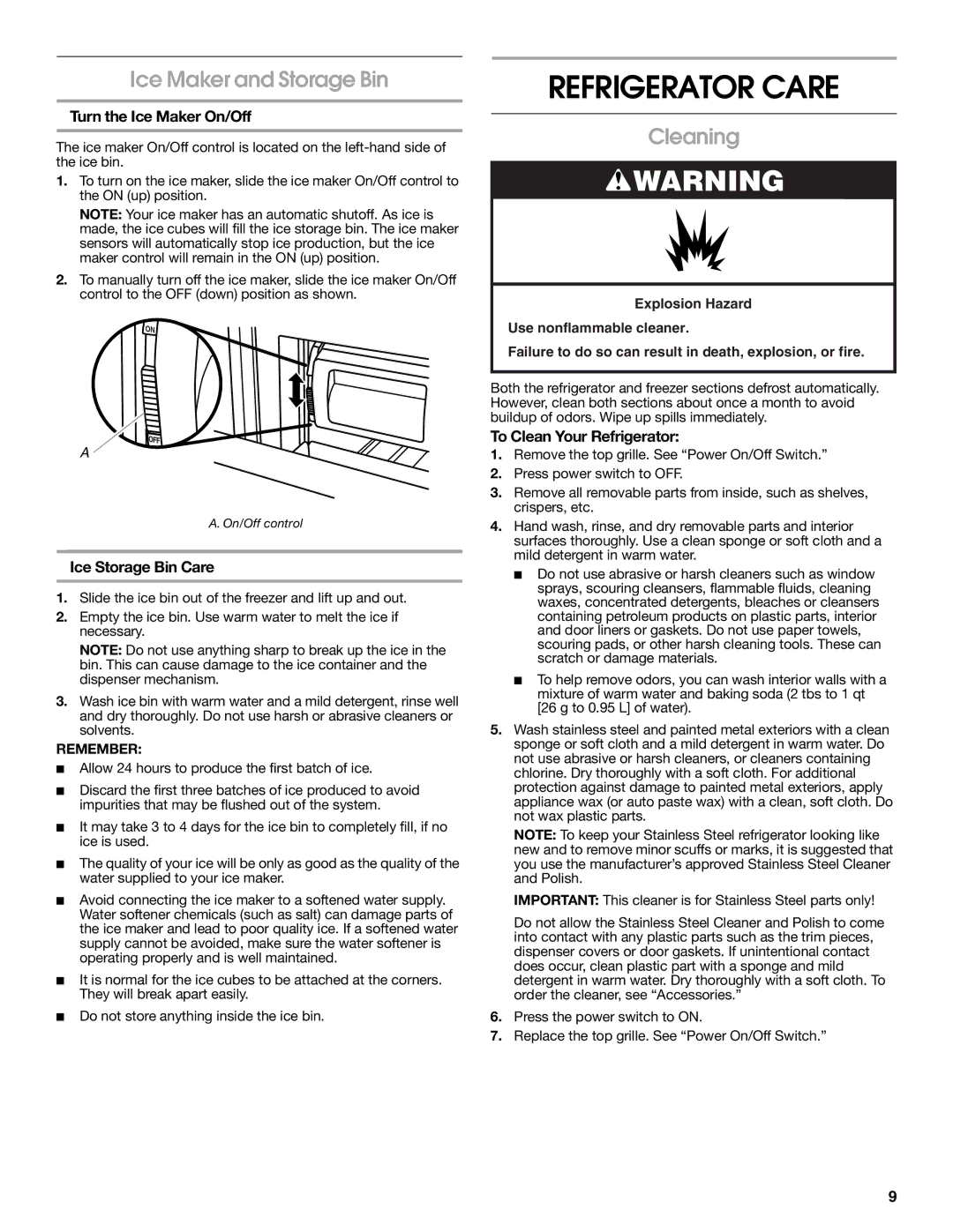 Jenn-Air W10183787A manual Refrigerator Care, Ice Maker and Storage Bin, Cleaning 