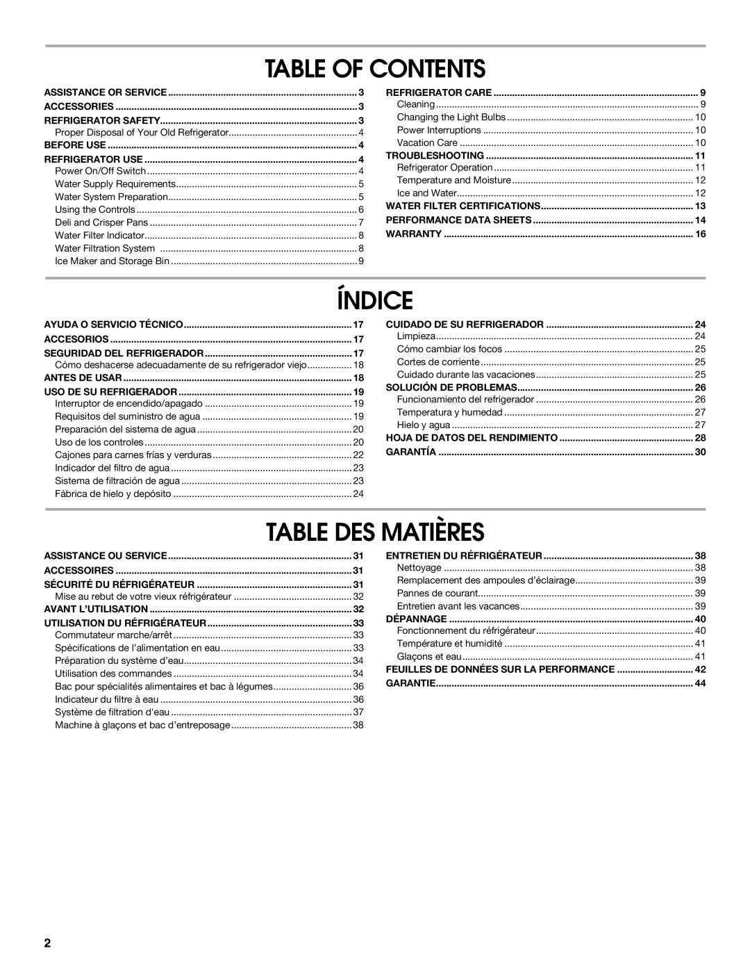 Jenn-Air W10183787A manual Table of Contents, Índice, Table DES Matières 