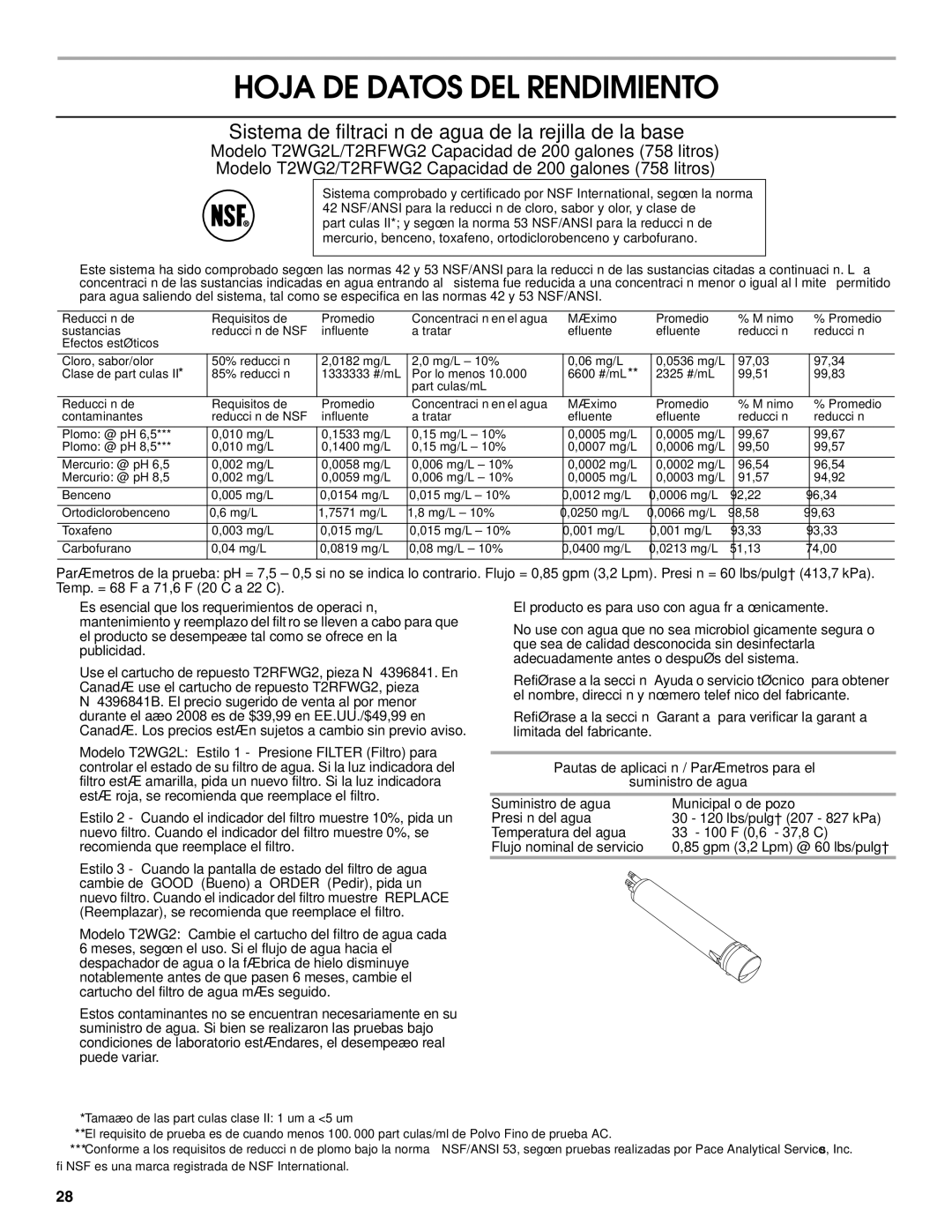 Jenn-Air W10183787A manual Hoja DE Datos DEL Rendimiento, Sistema de filtración de agua de la rejilla de la base 