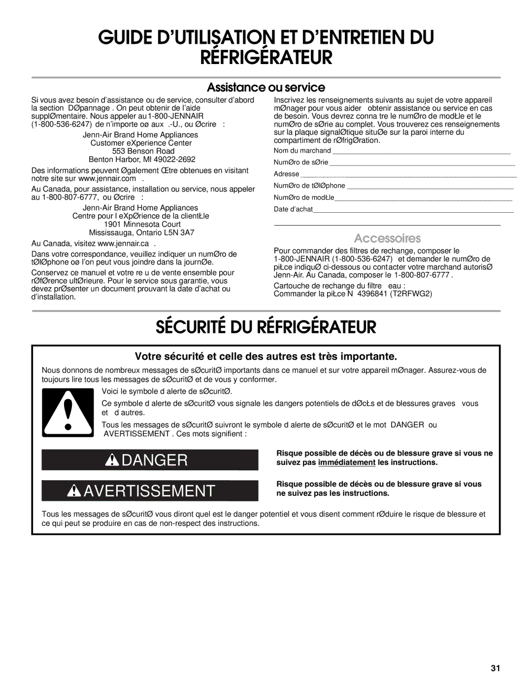 Jenn-Air W10183787A manual Sécurité DU Réfrigérateur, Accessoires 