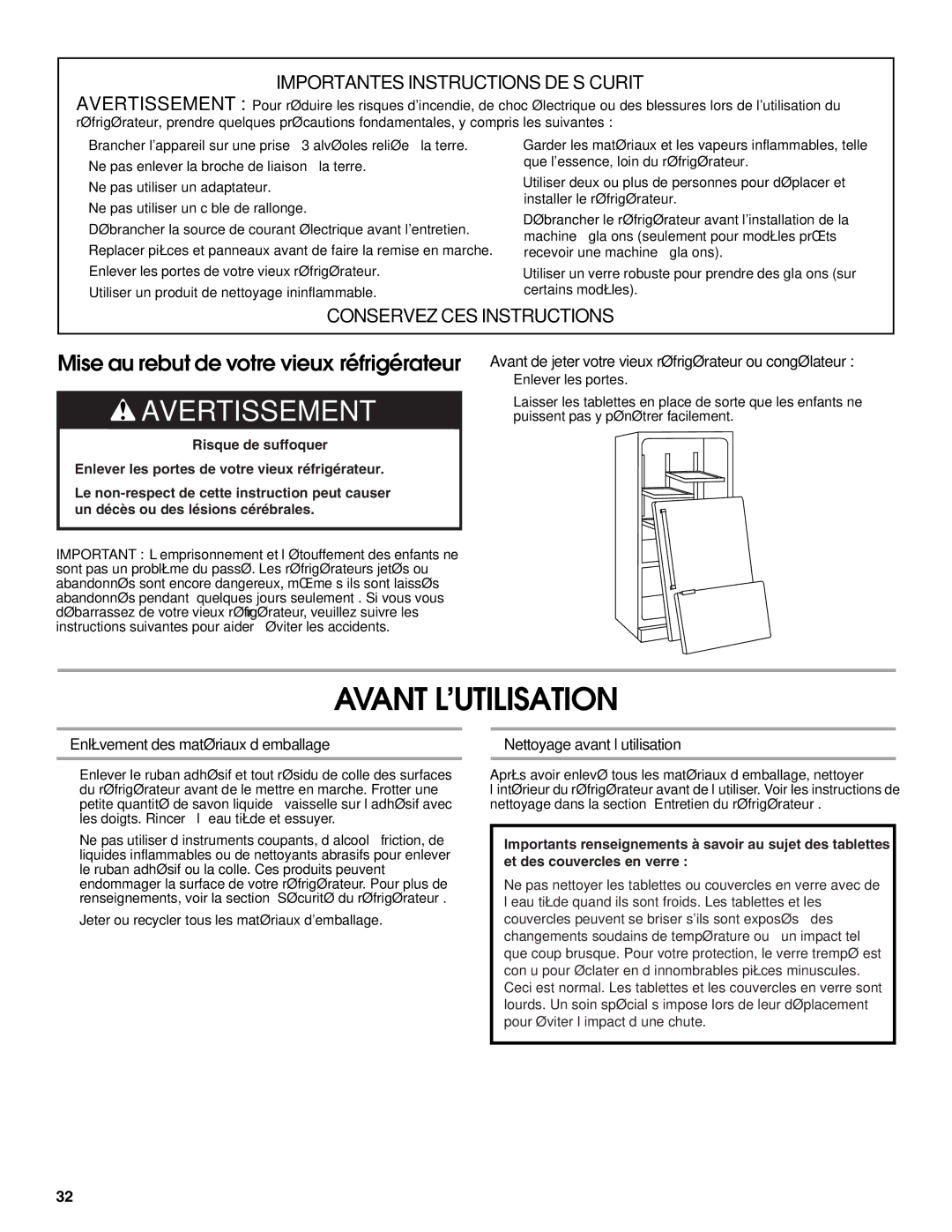 Jenn-Air W10183787A manual Avant L’UTILISATION, Avant de jeter votre vieux réfrigérateur ou congélateur 