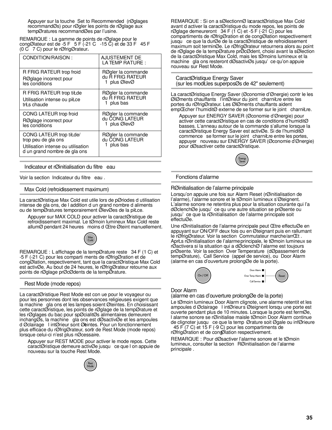 Jenn-Air W10183787A Indicateur et réinitialisation du filtre à eau, Max Cold refroidissement maximum, Rest Mode mode repos 