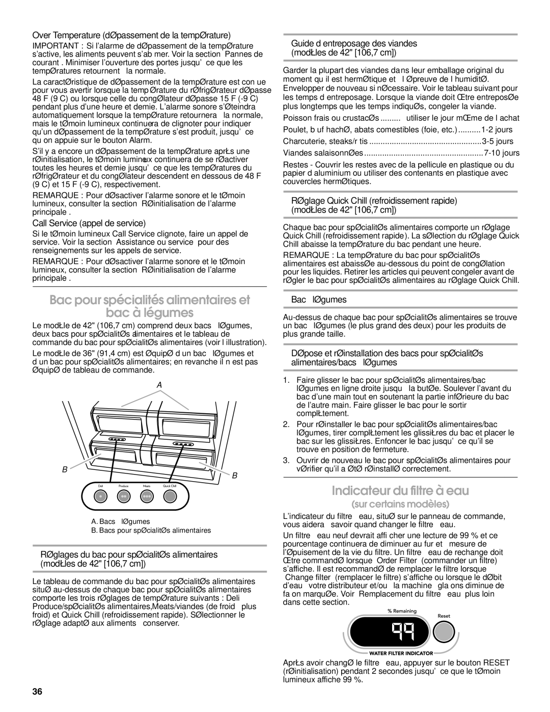 Jenn-Air W10183787A manual Bac pour spécialités alimentaires et Bac à légumes, Indicateur du filtre à eau 