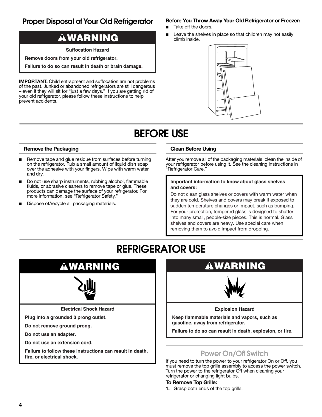 Jenn-Air W10183787A manual Before USE, Refrigerator USE, Power On/Off Switch 