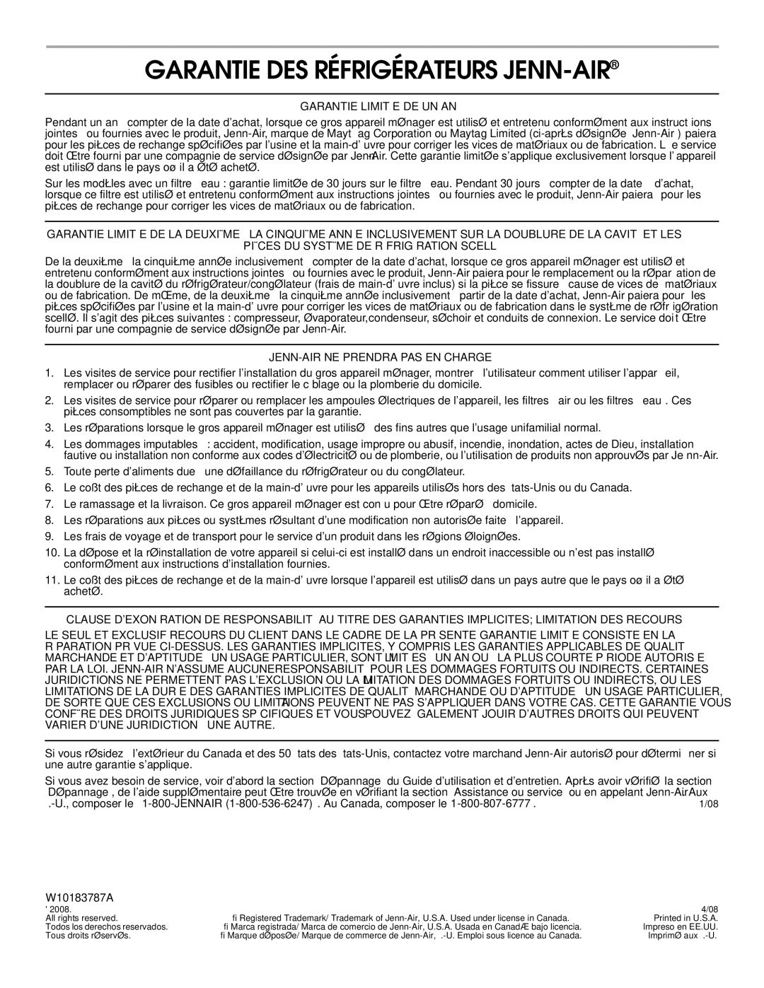 Jenn-Air W10183787A Garantie DES Réfrigérateurs JENN-AIR, Garantie Limitée DE UN AN, JENN-AIR NE Prendra PAS EN Charge 