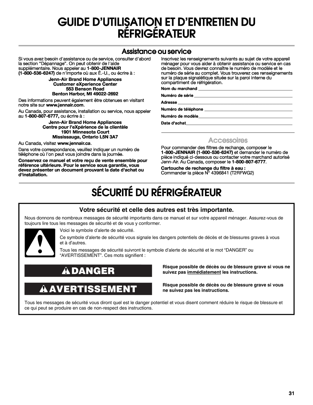 Jenn-Air W10183787A Guide D’Utilisation Et D’Entretien Du Réfrigérateur, Sécurité Du Réfrigérateur, Danger Avertissement 