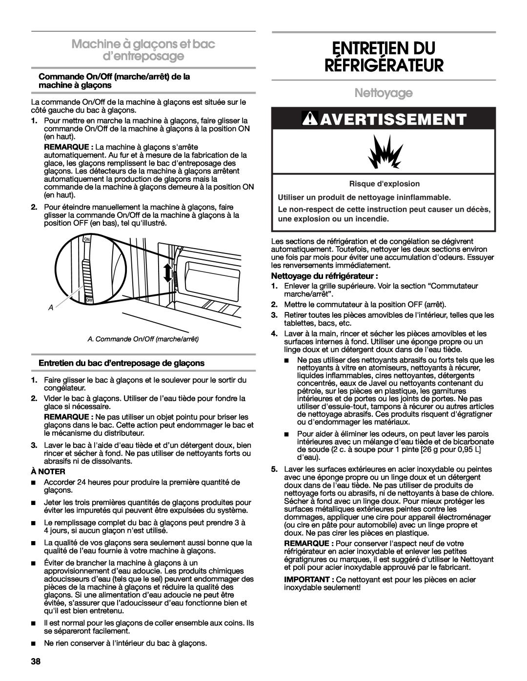 Jenn-Air W10183787A manual Entretien Du Réfrigérateur, Machine à glaçons et bac d’entreposage, Nettoyage, Avertissement 