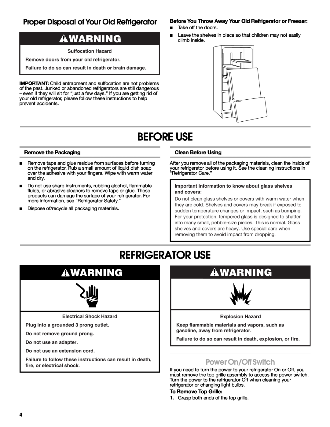 Jenn-Air W10183787A manual Before Use, Refrigerator Use, Proper Disposal of Your Old Refrigerator, Power On/Off Switch 