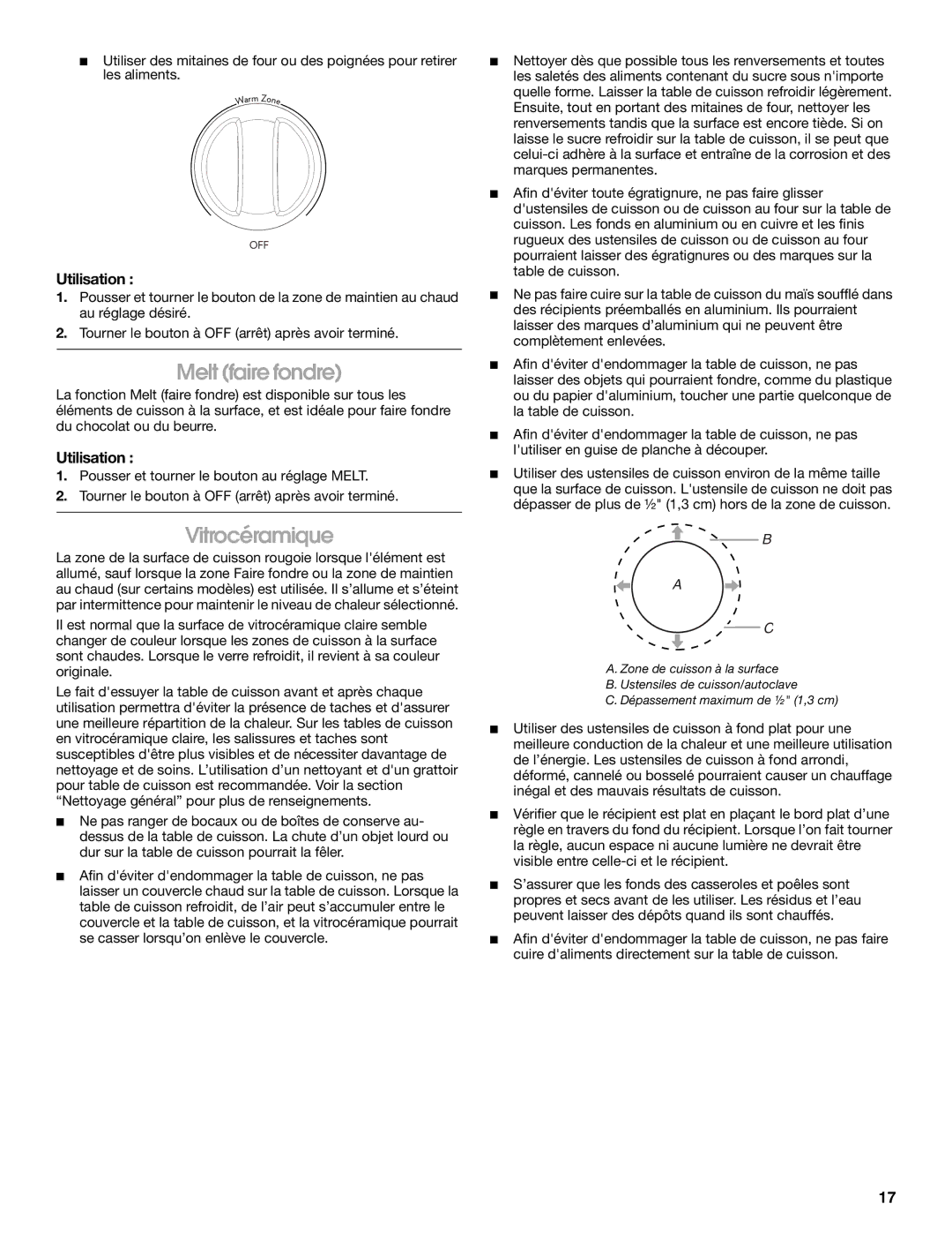 Jenn-Air W10197056B manual Melt faire fondre, Vitrocéramique 