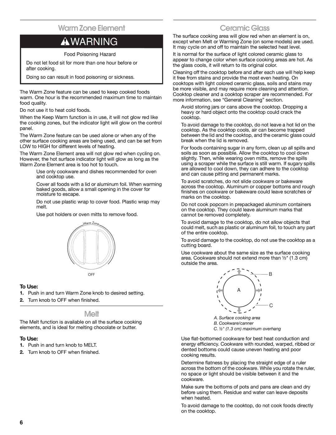 Jenn-Air W10197056B manual Warm Zone Element, Melt, Ceramic Glass 