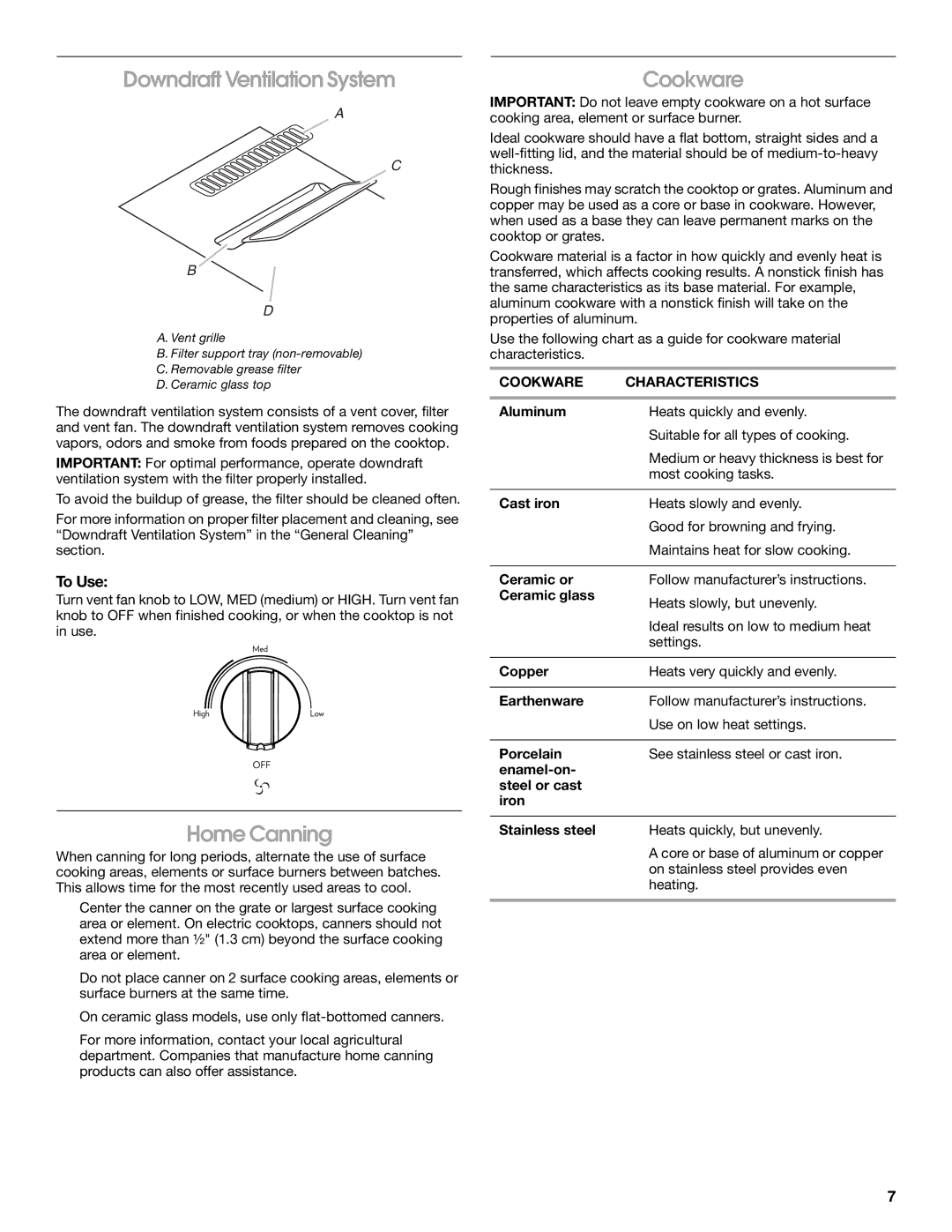 Jenn-Air W10197056B manual Downdraft Ventilation System, Home Canning, Cookware Characteristics 