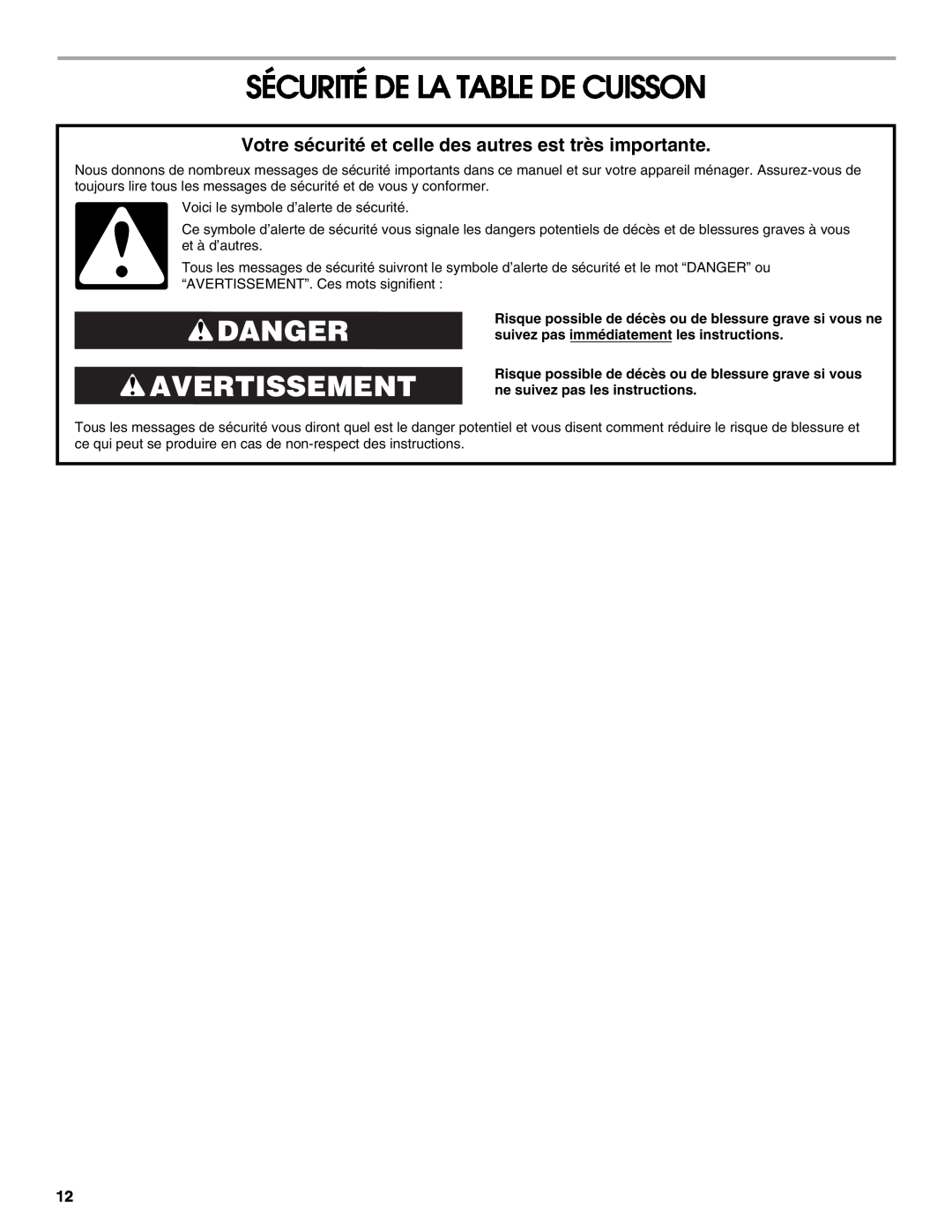 Jenn-Air W10197056B manual Sécurité De La Table De Cuisson, Danger Avertissement 
