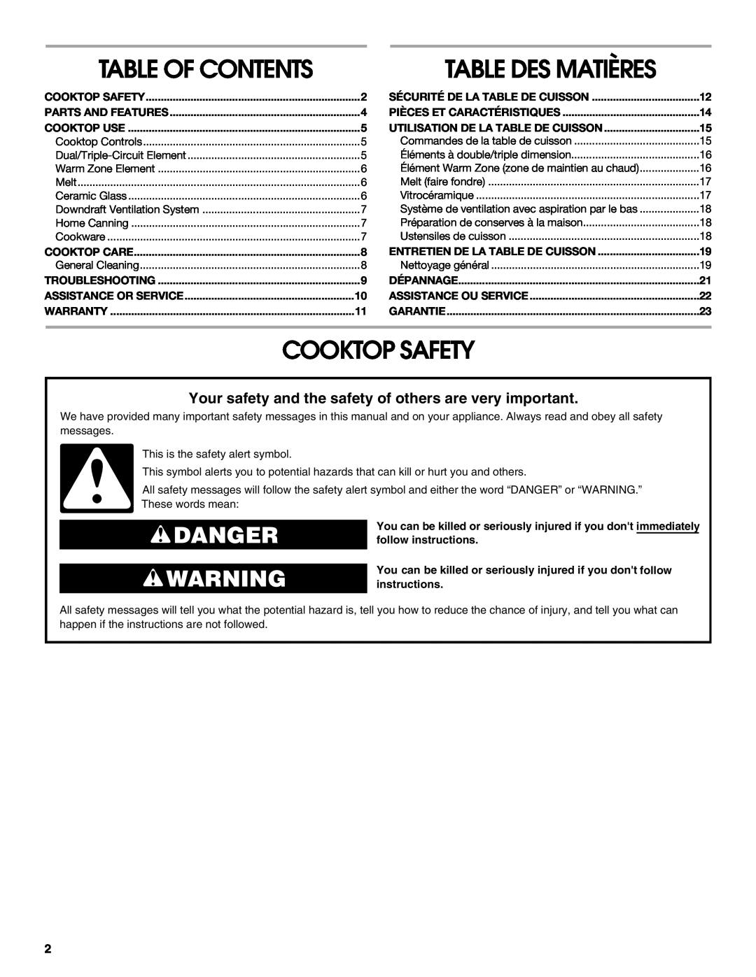 Jenn-Air W10197056B manual Table Of Contents, Cooktop Safety, Danger, Table Des Matières 