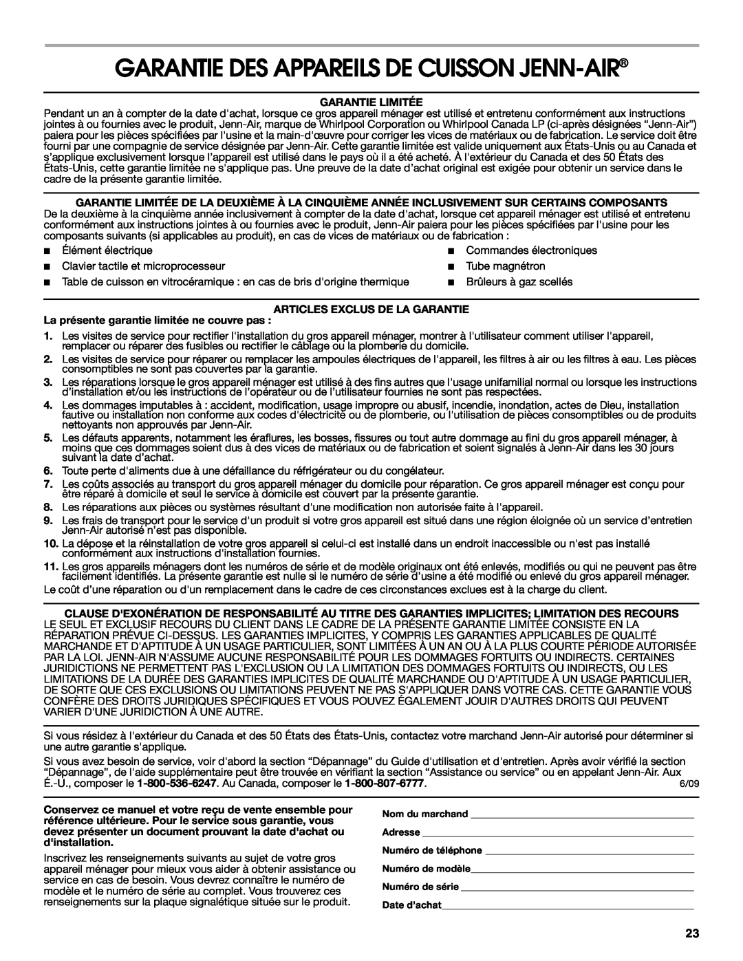 Jenn-Air W10197056B manual Garantie Des Appareils De Cuisson Jenn-Air, Garantie Limitée, Articles Exclus De La Garantie 