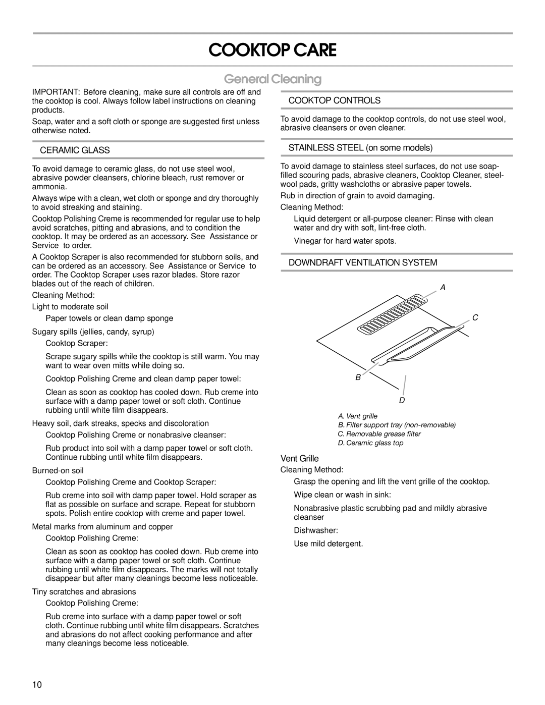 Jenn-Air W10197057B manual Cooktop Care, General Cleaning, Stainless Steel on some models, Vent Grille 