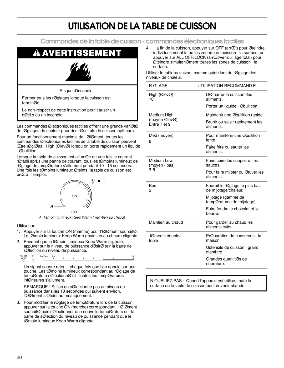 Jenn-Air W10197057B manual Utilisation DE LA Table DE Cuisson, Réglage Utilisation Recommandée 