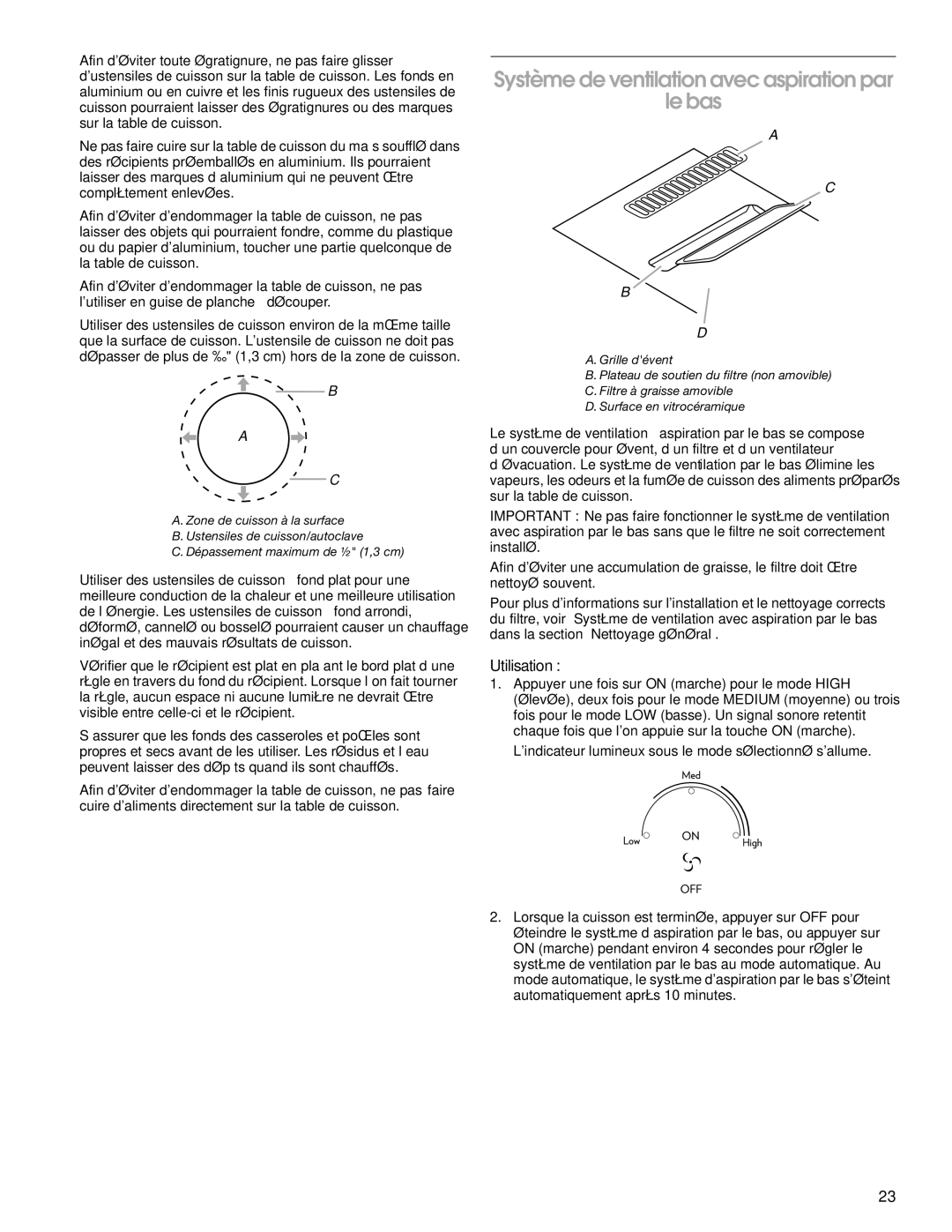 Jenn-Air W10197057B manual Système de ventilation avec aspiration par Le bas, Utilisation 