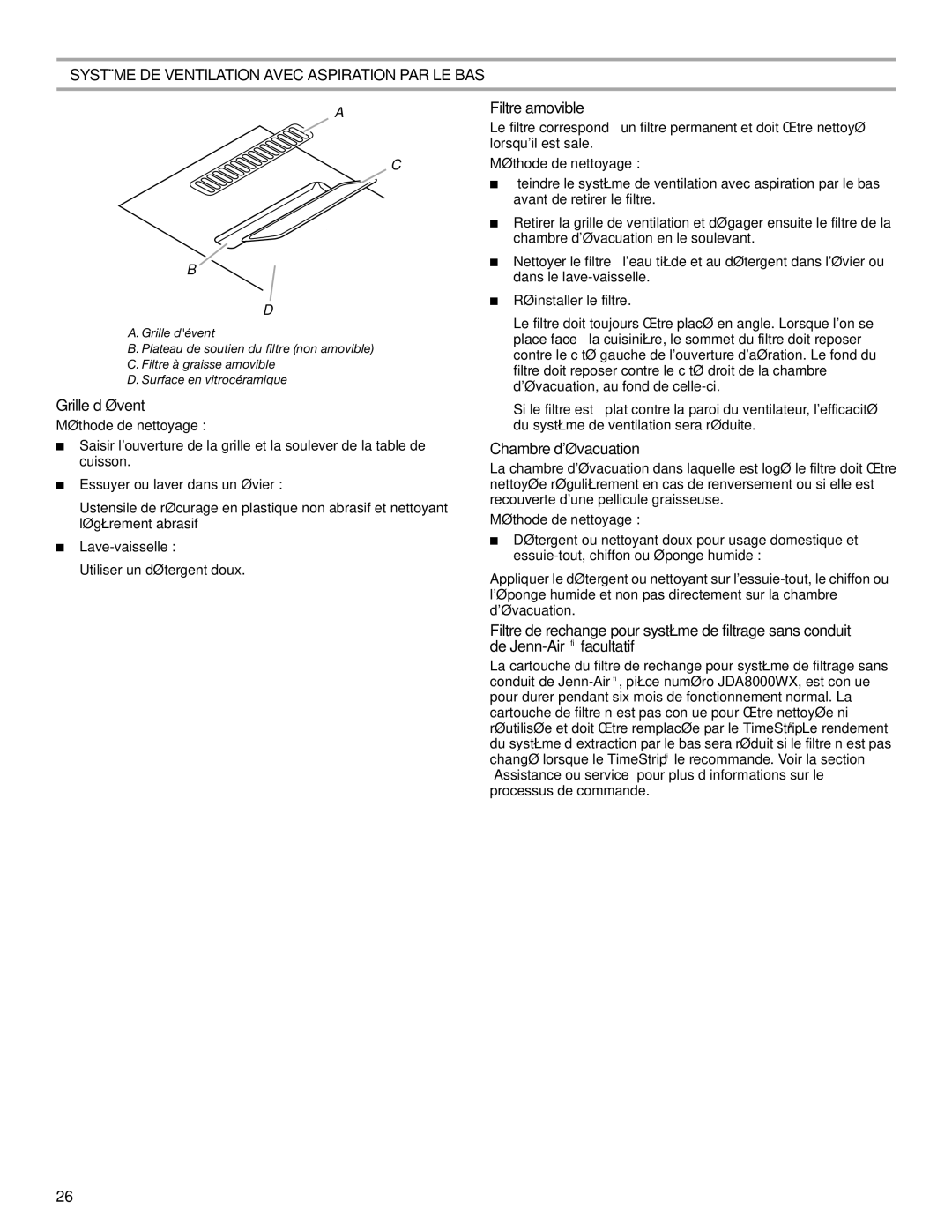 Jenn-Air W10197057B manual Grille d’évent, Filtre amovible, Chambre dévacuation 