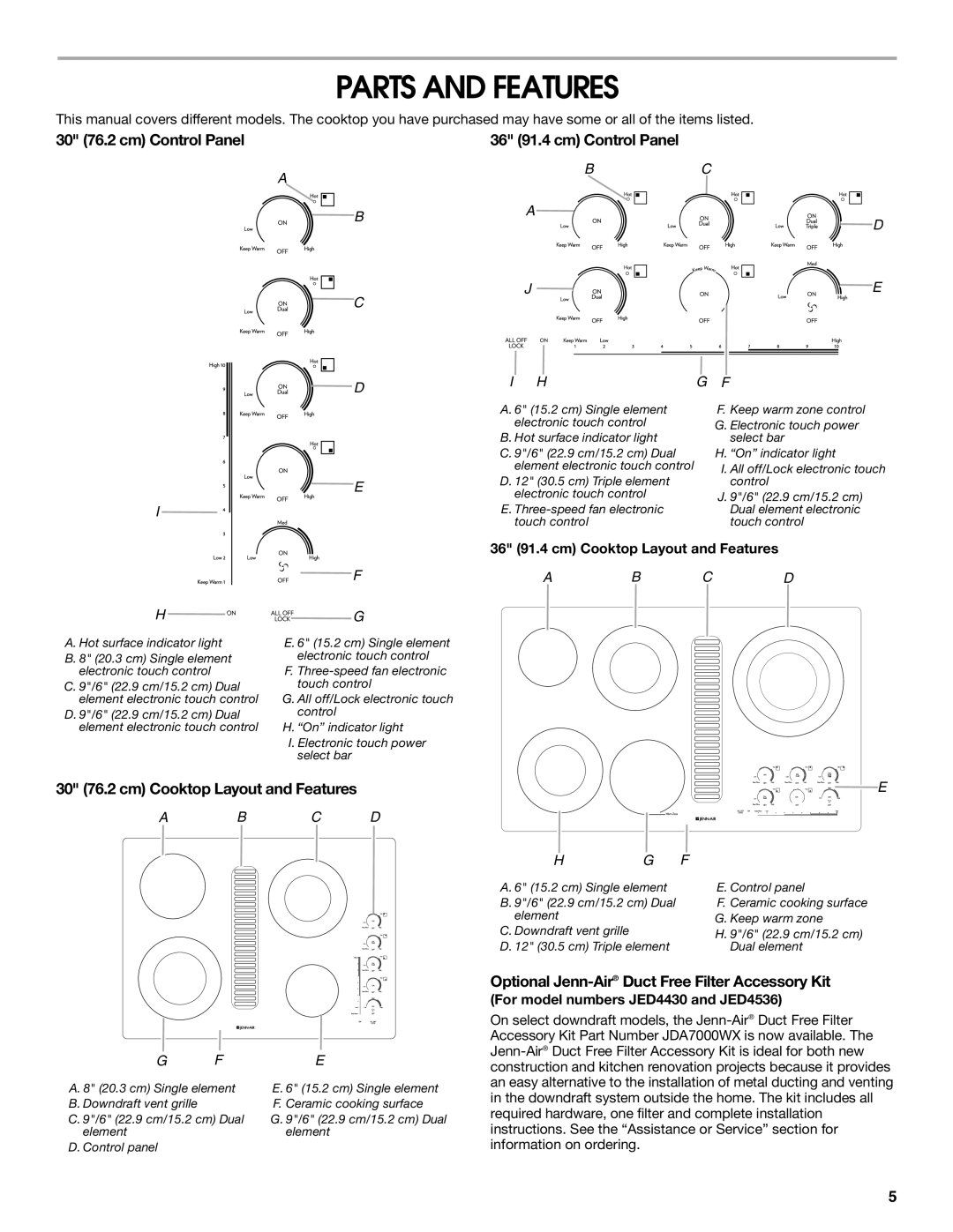 Jenn-Air W10197057B manual Parts and Features, 30 76.2 cm Control Panel 36 91.4 cm Control Panel 