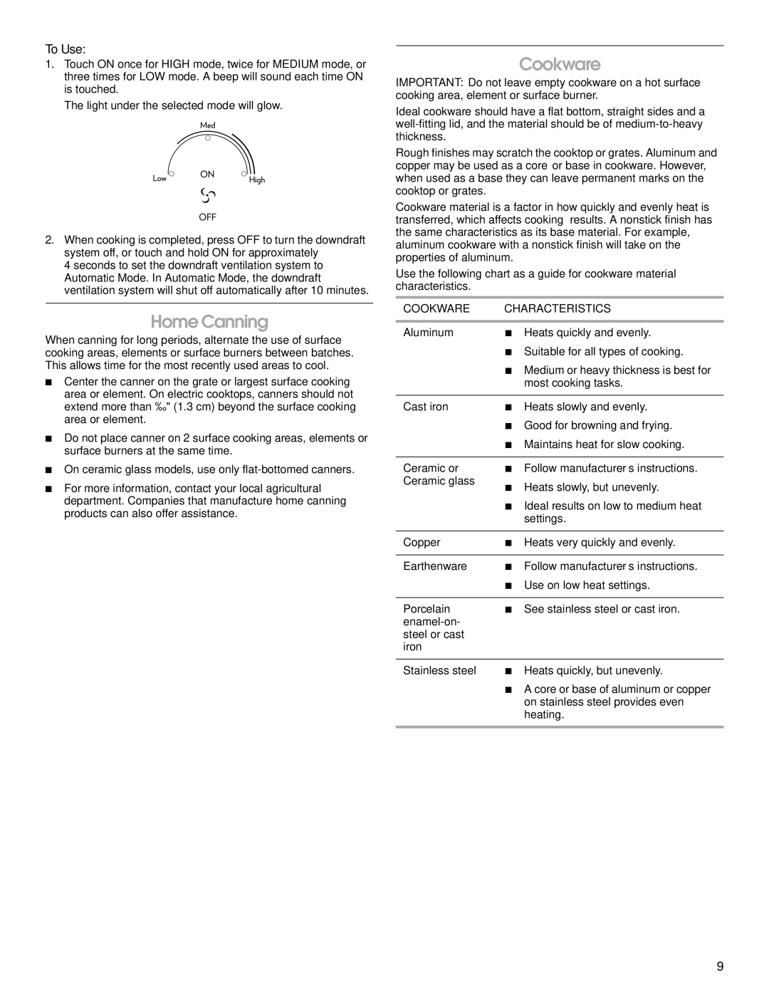 Jenn-Air W10197057B manual Home Canning, Cookware Characteristics 
