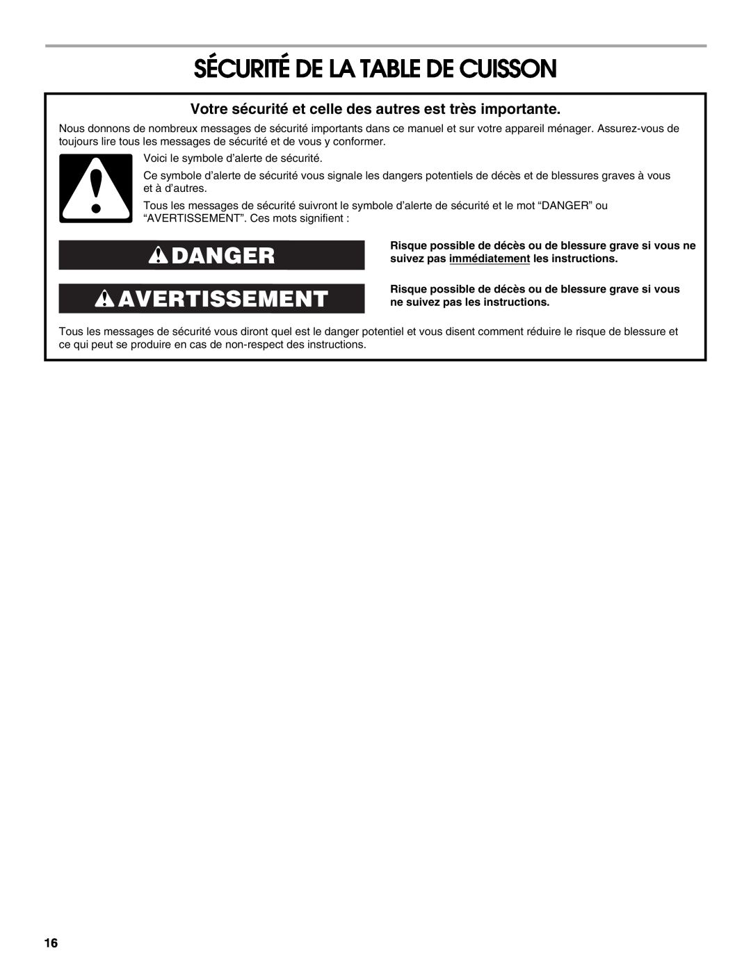 Jenn-Air W10197057B manual Sécurité De La Table De Cuisson, Danger Avertissement 