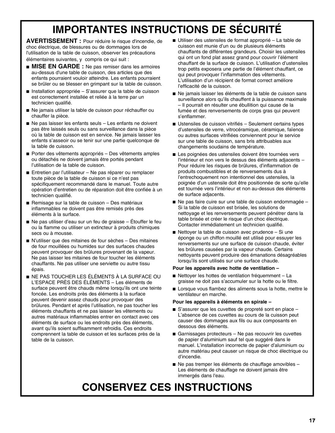 Jenn-Air W10197057B manual Importantes Instructions De Sécurité, Conservez Ces Instructions 