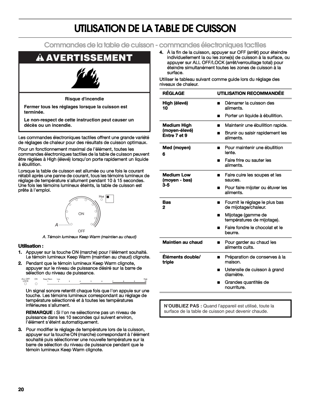 Jenn-Air W10197057B manual Utilisation De La Table De Cuisson, Avertissement, Risque dincendie 