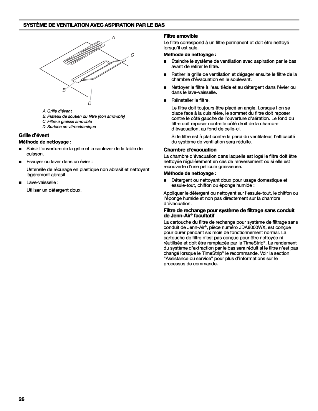 Jenn-Air W10197057B manual Système De Ventilation Avec Aspiration Par Le Bas, Grille d’évent, Filtre amovible, A C B D 