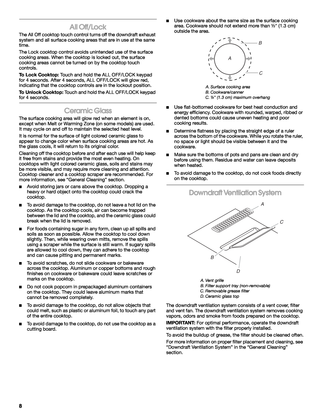 Jenn-Air W10197057B manual All Off/Lock, Ceramic Glass, Downdraft Ventilation System, B A C, A C B D 