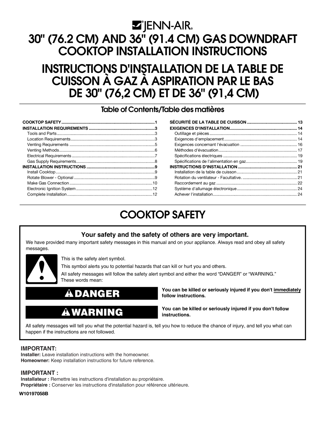 Jenn-Air W10197058B installation instructions Cooktop Installation Instructions, Cooktop Safety 