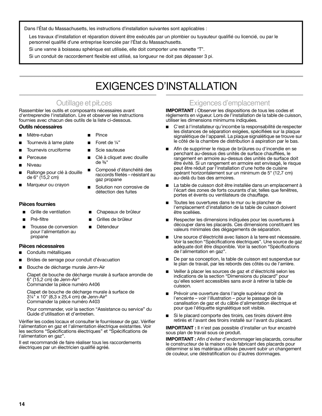 Jenn-Air W10197058B installation instructions Exigences Dinstallation, Outillage et pièces, Exigences demplacement 